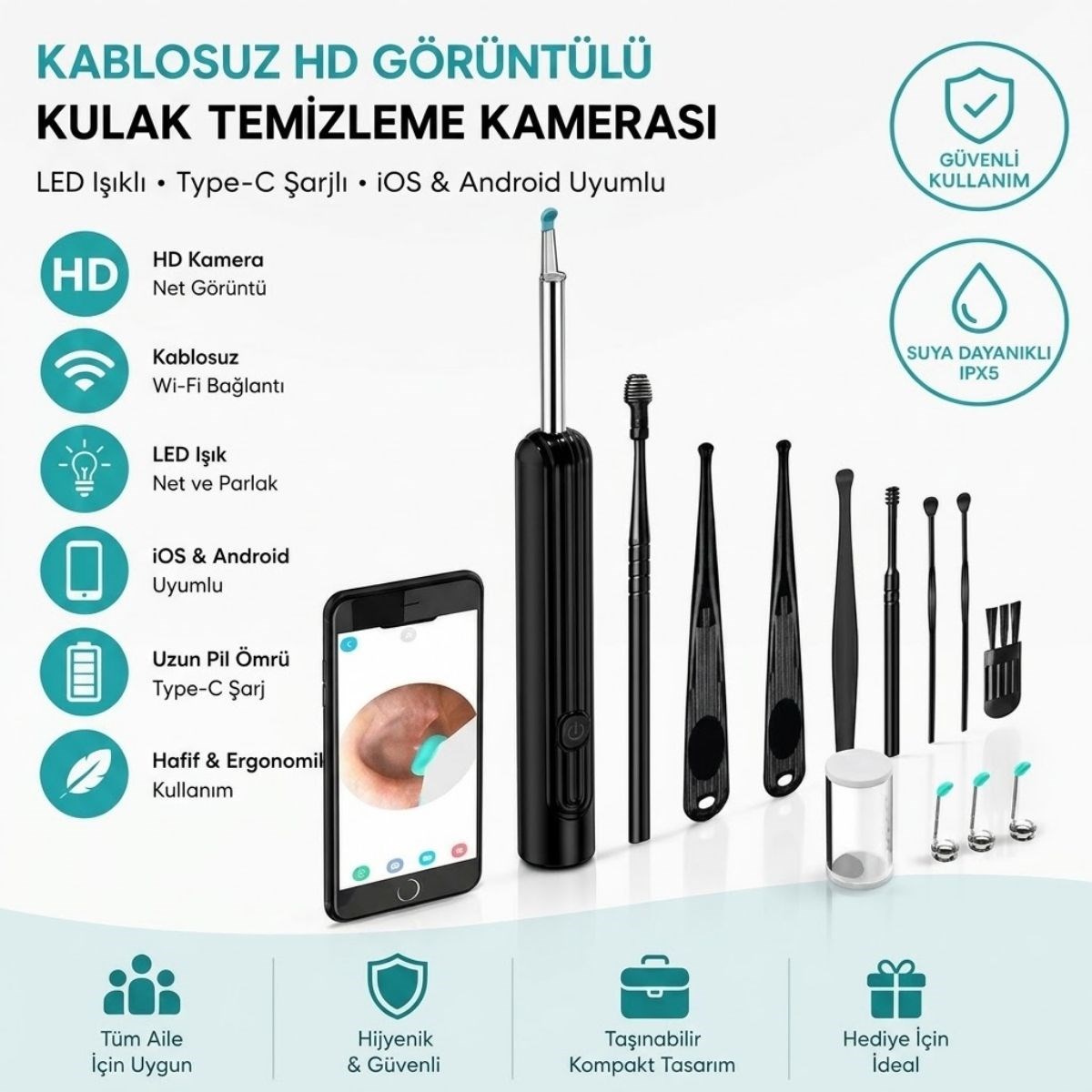 Siyah Kablosuz HD Görüntülü Kulak Temizleme Kamerası, LED Işıklı Type-C Şarjlı iOS ve Android Uyumlu Kulak Temizleme Seti