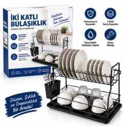 SİYAH - METAL 2 KATLI TABAKLIK - BULAŞIKLIK