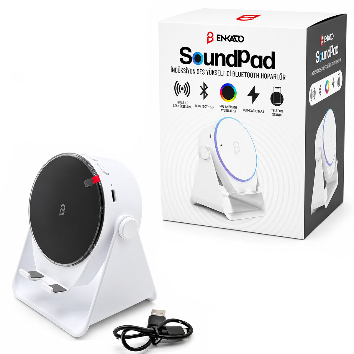 SOUNDPAD 5IN1 - 5W - 2000mAh TEMAS İLE SES YÜKSELTME - TELEFON STAND - USB-C ŞARJ BEYAZ İNDİKSİYON SES YÜKSELTİCİ BLUETOOTH HOPARLÖR SPEAKER EKD-S11