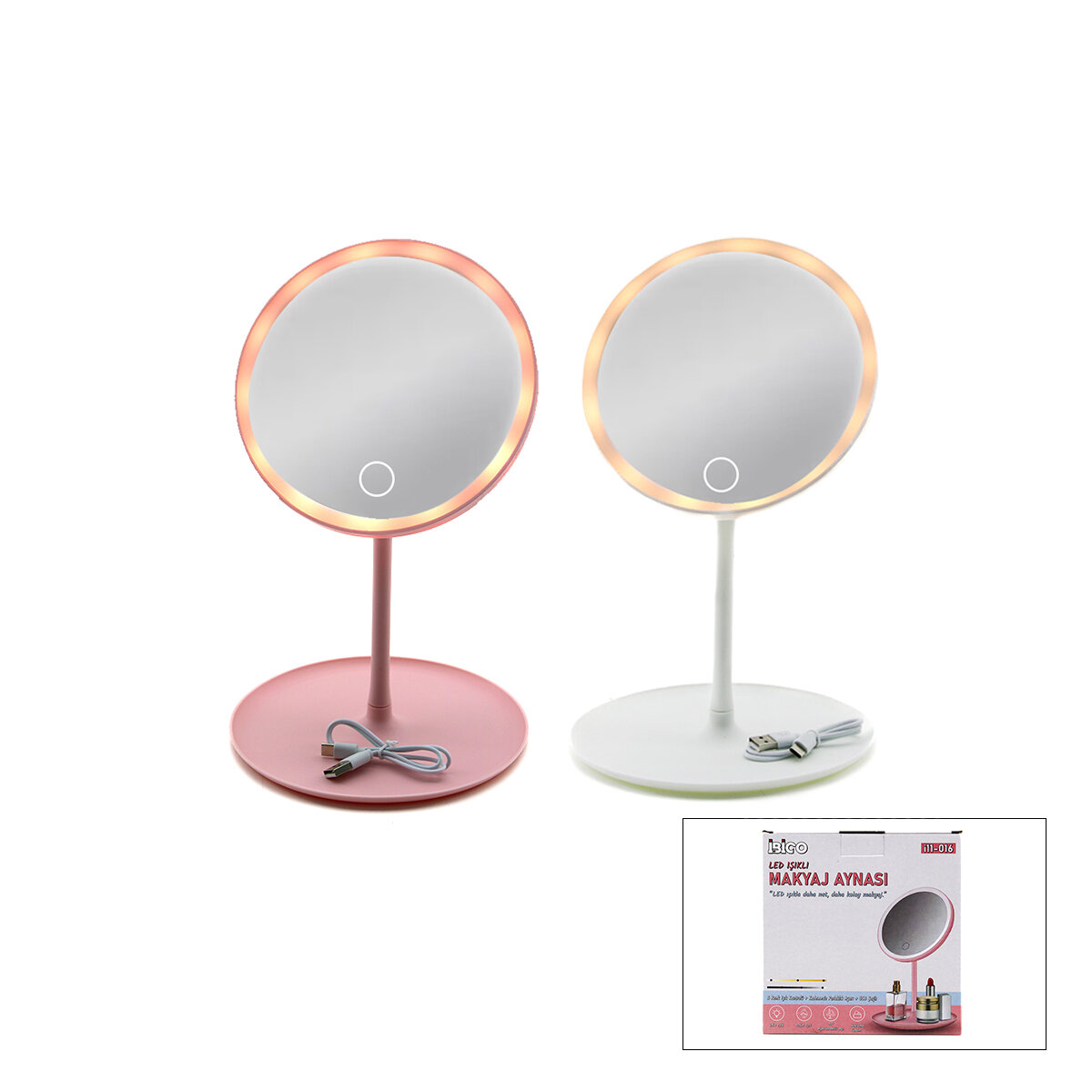YUVARLAK 6.5 INC LEDLİ - USB ŞARJLI MAKYAJ AYNASI 90° AÇI AYARLI TAKILI AYAK RENKLİ PLS İ11-016